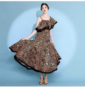 Leopard Printed One Shoulder slant neck ballroom dance dresses for women girls waltz tango foxtrot smooth dance long gown